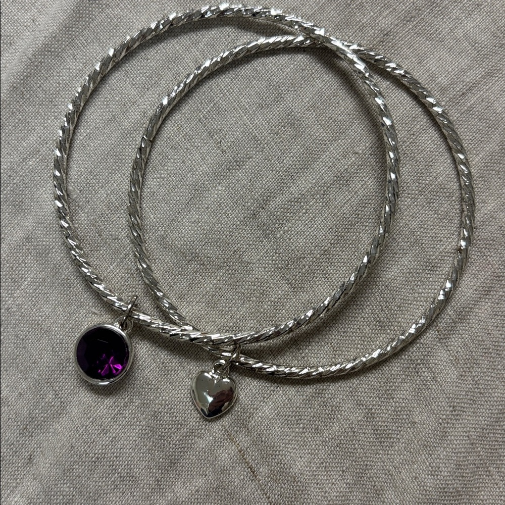 Twisted Silver Women's Bracelet with Heart and Circle Purple Charms
